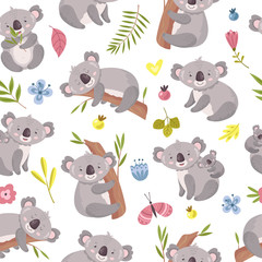 Koala seamless pattern. Cartoon cute australian bear texture. Forest animals with eucalyptus trees and leaves. Vector kid zoo background australian koala, cute animal climb illustration