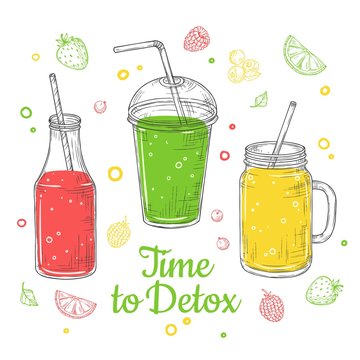 Smoothie background. Summer drink, doodle healthy juices. Fresh fruit diet. Isolated detox breakfast illustration. Vector poster design. Time to detox, smoothie healthy drink, freshness juice