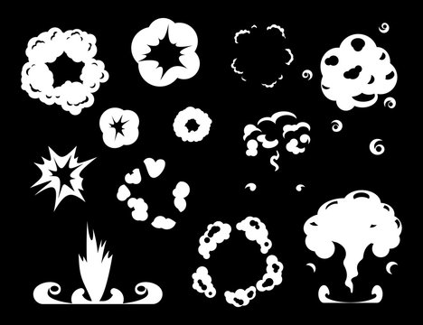 Comic explosion. Cartoon spark effect and magic energy flashes. White bang, smoke clouds vector set. Illustration smoke explosion, cartoon blast and burst
