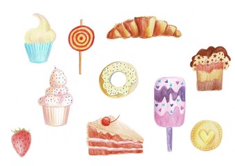 A set of sweets on a white background, illustration.
