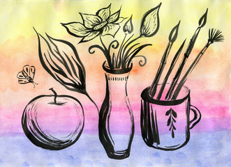 An Apple, a bouquet in a vase, brushes in a mug. Ink drawing on a rainbowbackground, hobby.