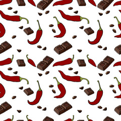Seamless pattern with spicy pepper and chocolate, hand drawn elements on white background.