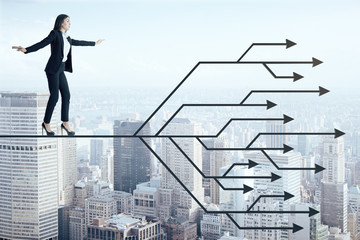 Businessman walking on abstract digital arrows