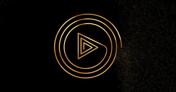 Golden spiral in the form of play button appearing from glitter particles.