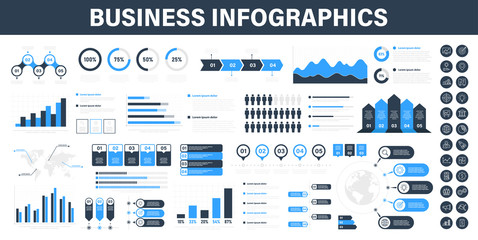 Big set of business infographics. Business icons. Elements marketing charts, steps, business processes, diagram, graphs, strategy, concept template. Vector illustration.