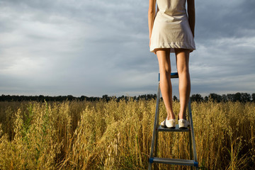Woman standing on step ladder in field