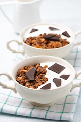Granola, oatmeal with chocolate food background