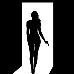 Silhouette of woman with a gun leaving a dark room