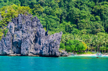 Naklejka na ściany i meble Tropical Papaya beach at paradise coast, El Nido, Palawan, Philippines. Tour A Route. Coral reef and sharp limestone cliffs.