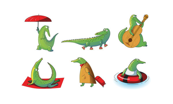 Funny Crocodile Character Pulling Baggage and Doing Yoga Vector Illustrations Set