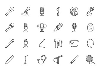 Mic flat line icons set. Podcast mike, journalist microphone, karaoke, conference, windscreen, retro radio vector illustration. Outline pictogram for music store. Pixel perfect 64x64. Editable Stroke