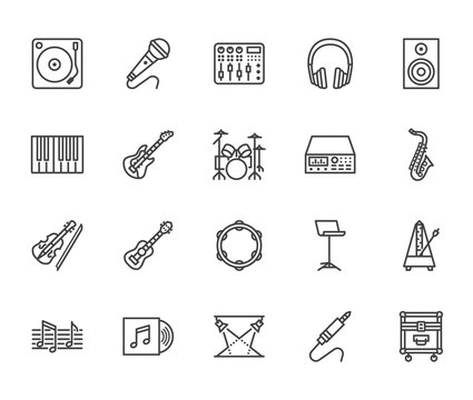 Musical instruments flat line icons set. Dj equipment, sound recording studio, piano, guitar, saxophone vector illustration. Outline pictogram for music store. Pixel perfect 64x64. Editable Strokes