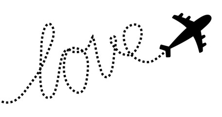 Airplane flying. Dash line word Love in the sky. Air plane icon. Black silhouette shape. Travel trace. Happy Valentines Day romantic card. Flat design. White background. Isolated.