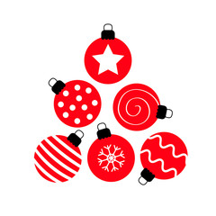 Merry Christmas ball set. Triangle tree shape. Cute round red and black bauble toy. Happy New Year sign symbol. Star, dot, zigzag pattern. Flat design. White background. Isolated.