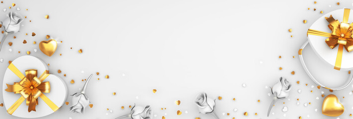 Happy Valentines Day, Rose flower heart shape gift box , gold confetti glitter on white background. Greeting card, flat lay, banner, layout, top view,  copy space text wide area. 3D illustration.