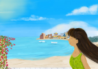 Sicilian landscape on blue sea with girl in european italian travel