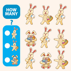 Count how many  bunny is educational game. Maths task development of logical thinking of children. Counting  rabbits games  for preschool  kids. Easter hare with the painted eggs Flat vector.