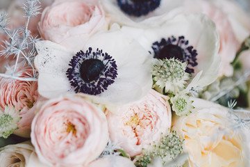 Beautiful boheme wedding bouquet with pastel color flowers. 