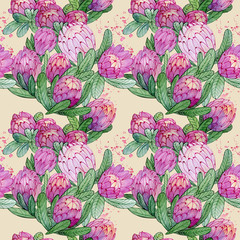 Seamless watercolor pattern with protea flowers. Blossom illustration for fabrics, textiles.