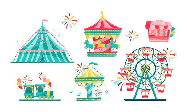 Amusement Park with Funfair Attractions Isolated on White Background Vector Set