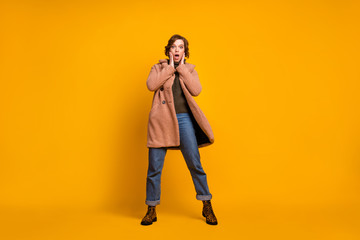 Full length body size view of her she nice attractive lovely fashionable amazed girl omg expression...