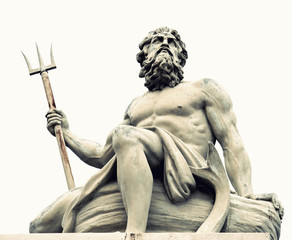 Obraz premium Abstract image with statue of ancient god Neptune with trident. Patron of horses and chariot races. God of moisture, springs, water, sea and drought protector.
