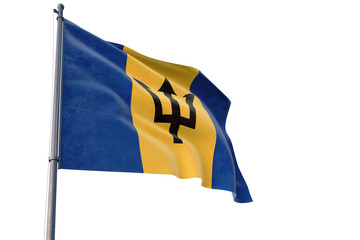 Barbados flag waving on pole with white isolated background. National theme, international concept.