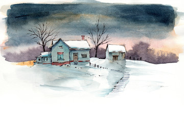 Watercolor illustration of  a snowy landscape with some houses  and trees at night