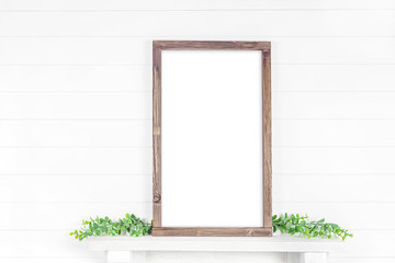 Vertical wooden frame of Rough Tree on a Light Background with Greenery