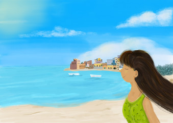 Fototapeta na wymiar Sicilian landscape on blue sea with girl in european italian travel - watercolor illustration digital paint
