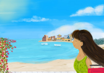 Sicilian landscape on blue sea with girl in european italian travel - watercolor illustration digital paint