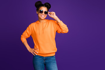 Fototapeta premium Portrait of her she nice attractive cheerful cheery content brunette girl wearing hoody touching retro vintage specs isolated on bright vivid shine vibrant lilac violet purple color background