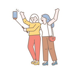 girls friends making selfie  line vector