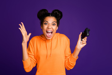Portrait of her she nice attractive crazy overjoyed cheerful brunette girl wearing hoody playing...