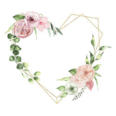 Watercolor Valentines Day floral golden geometrical heart wreath with calla lily rose greenery leaves isolated on white background. Floral frame bohemian boho illustration for wedding invitation
