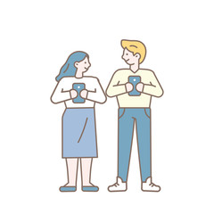 Simple Line art man  and woman with phone
