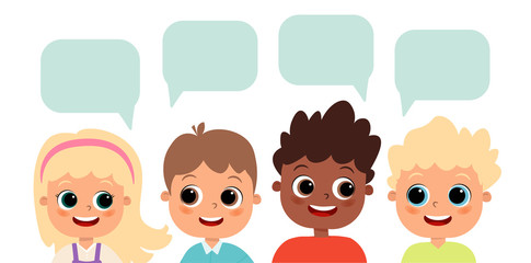 Happy cute kids boys and girls dialog. Happy cute girl and boy with dialog boxes. Children of different nationalities. Girl and boy are talking. Vector flat illustration. Cartoon children. Dialogue