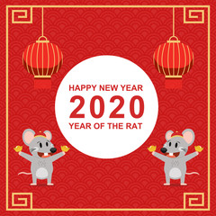 Fototapeta na wymiar Happy chinese new year 2020 greeting card with cute rat holding gold money on chinese pattern background vector