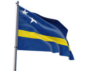 Curacao flag waving on pole with white isolated background. National theme, international concept.