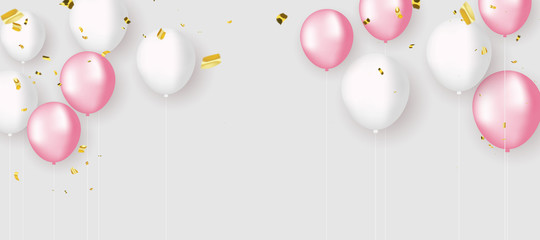 pink white balloons,gold confetti concept design template holiday Happy valentines Day, background Celebration Vector illustration.