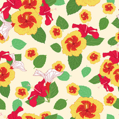 Yellow red Hibiscus flowers seamless vector pattern