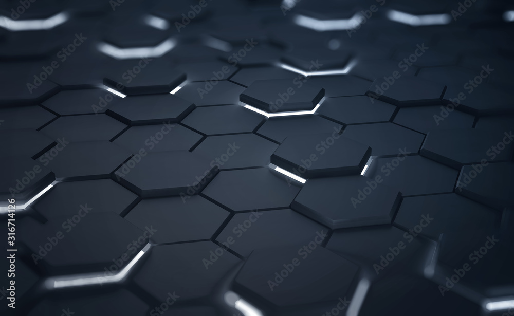 Poster black-white hexagon with flaming faces. 3d illustration of a field of technological honeycombs