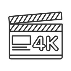 Clapper board black line icon. 4K ultra HD resolution movie shooting. Cinematograph concept. Pictogram for web page, mobile app, promo. UI UX screen. User interface display. Editable stroke.