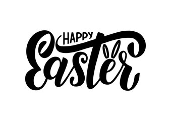 Obraz premium Happy easter lettering logo decorated by rabbit ears. Hand drawn sketch as logotype, print, badge, greeting card template, emblem. Vector illustration EPS 10