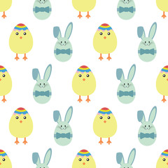 Cute vector yellow chic and green egg bunny