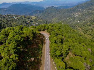 Fototapeta na wymiar Aerial view of a vehicle on the road through a deep forest. Bird eye view of a Green Forest road. Drone shot.