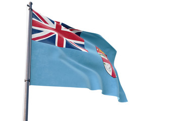 Fiji flag waving on pole with white isolated background. National theme, international concept.