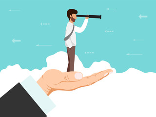 Businessman looking through spyglass stands on big hand. Hand holding man with spy glass who looks for new opportunity for business vector illustration