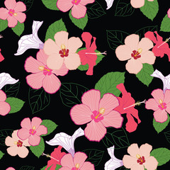 Hibiscus pink flowers seamless pattern on black background