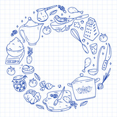 Pattern with gastronomy icons, vector cuisine and fast food cafe bright background for menu, receipts.